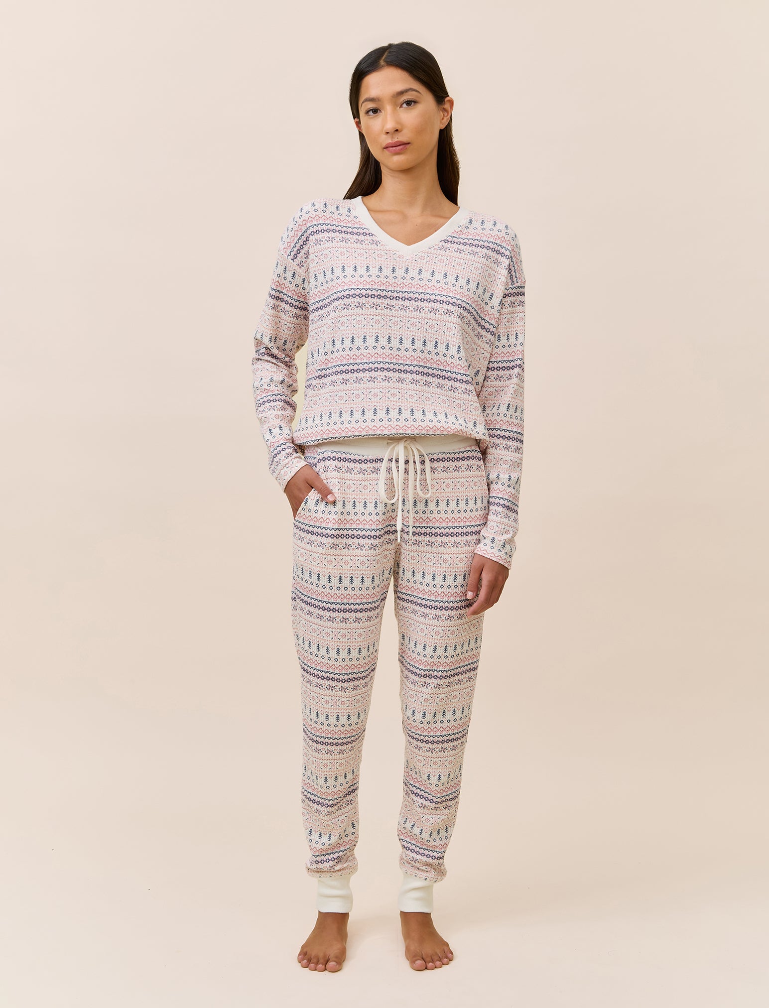 Fairisle Waffle Long Sleeve Top and Jogger Set