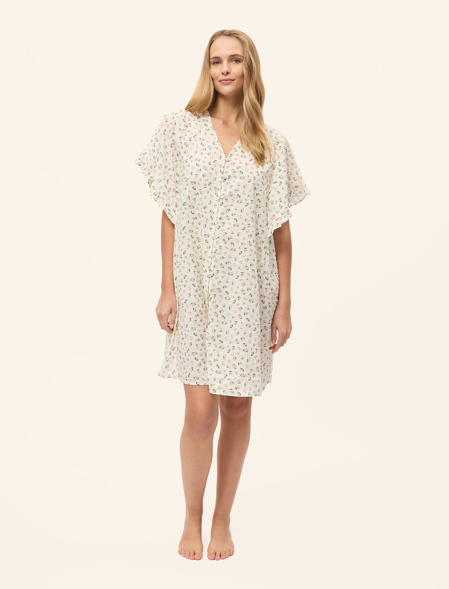 Swiss Dot Short Sleeve Frill Midi Nightgown