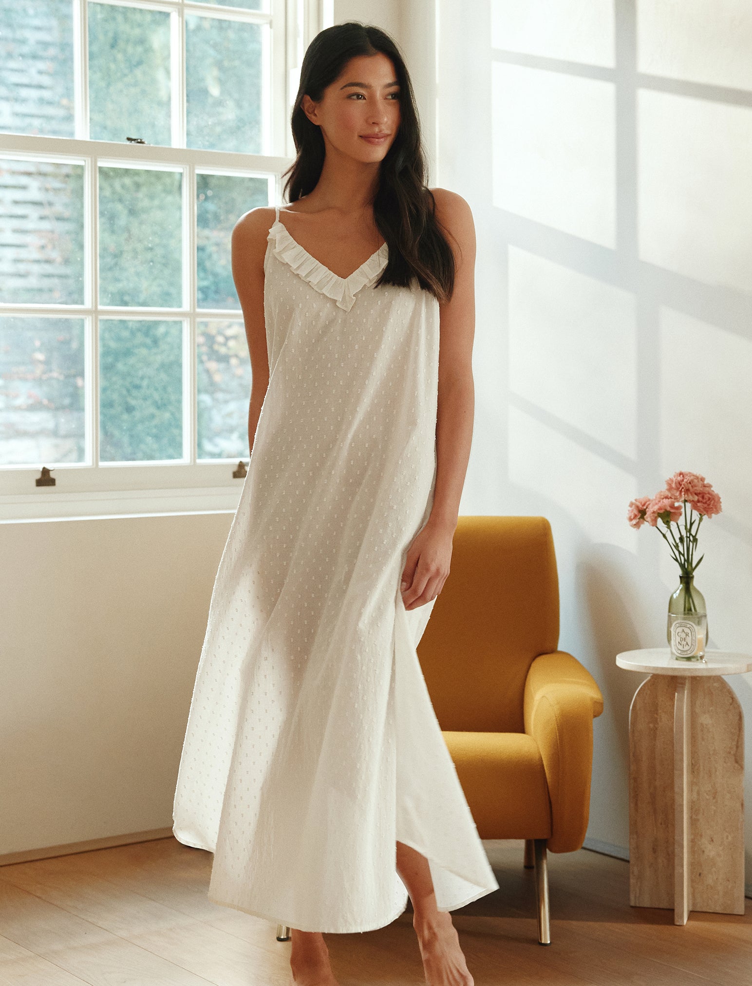 Swiss Dot Lace Frill Maxi Nightgown
