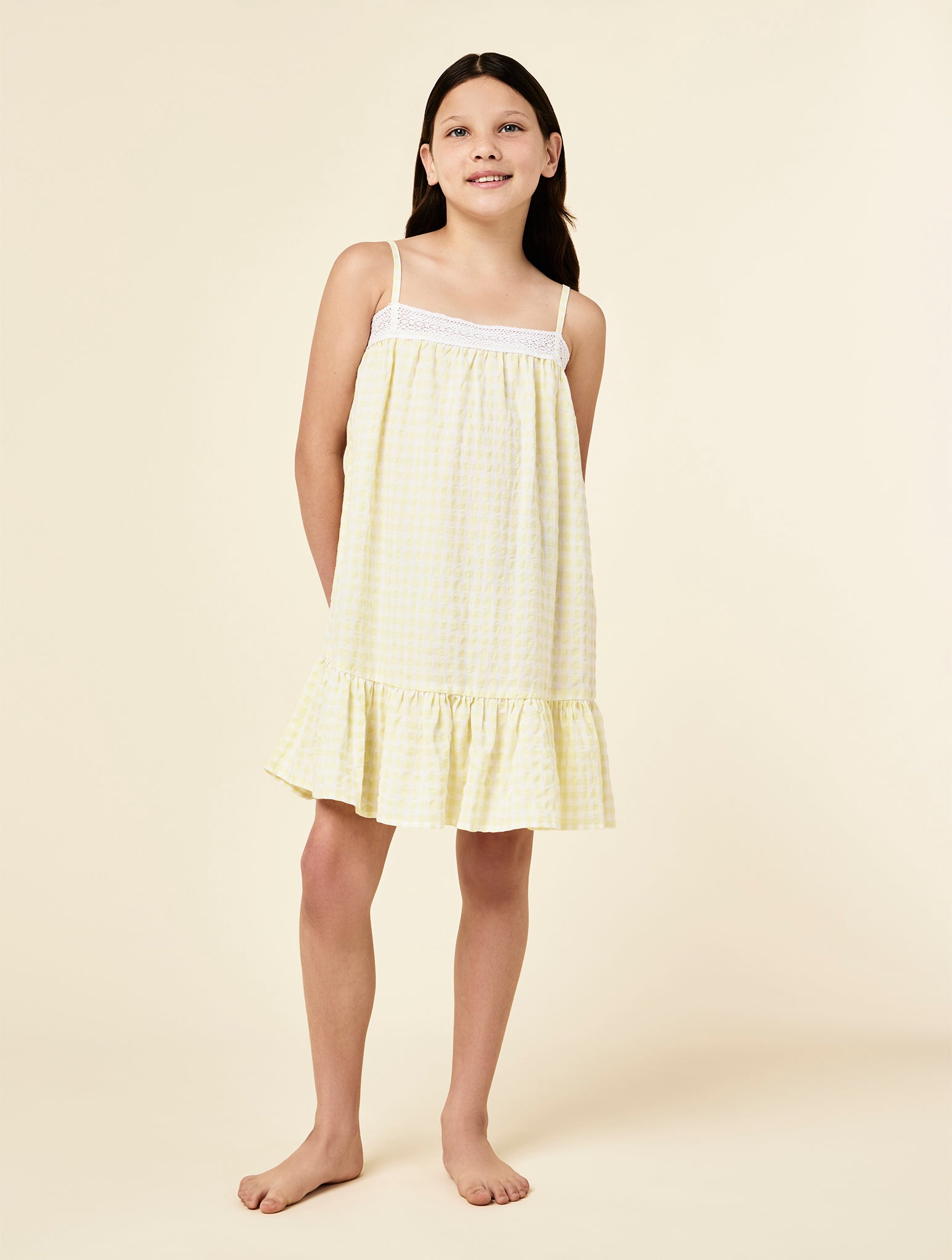 Seersucker Gingham Girls Strappy Nightgown