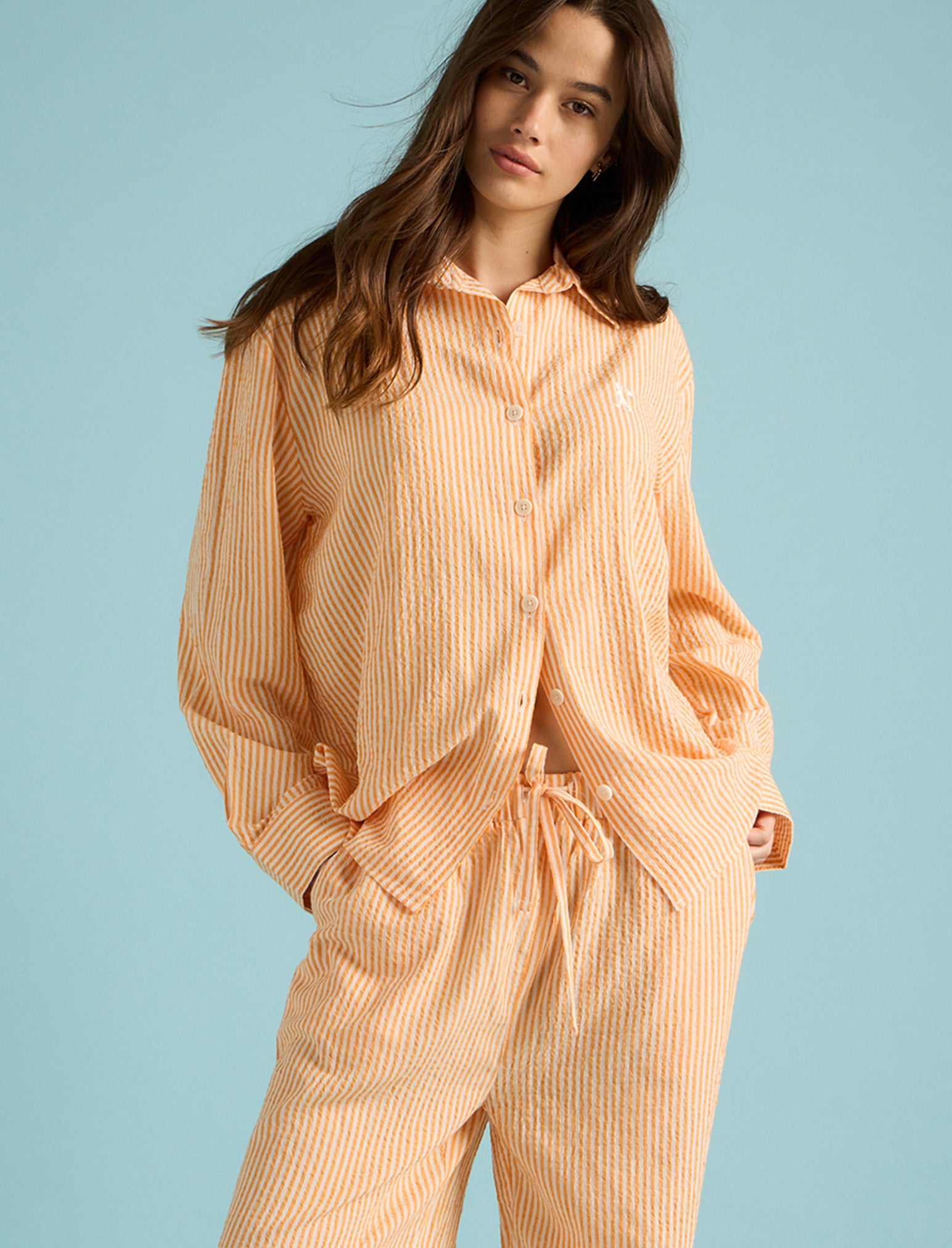 Karen Walker Seersucker Stripe Full Length PJ Set