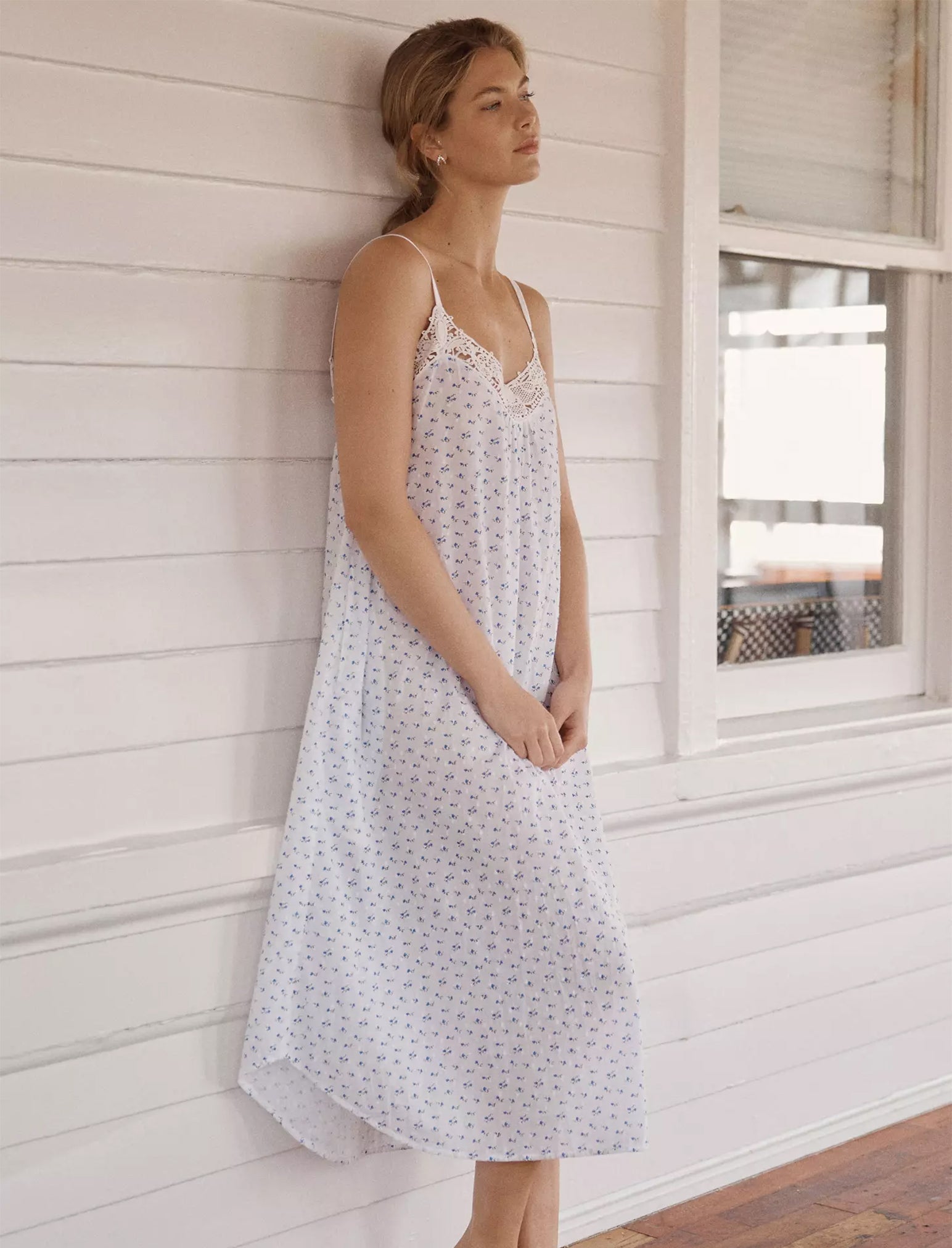 Swiss Dot Lace Front Maxi Nightgown